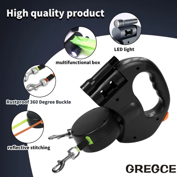 Dual Retractable Dog Leash with Flashlight